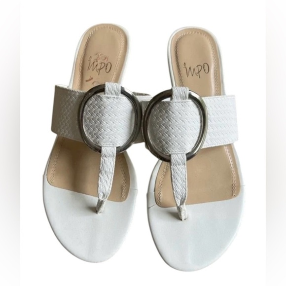 Impo White Sandals with Metallic Disc Toe-Loop Design - Picture 1 of 4